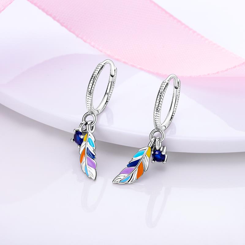 925 Silver Colorful Feathers Drop Earrings Dream Catcher Bohemia Asymmetry Dangle Earrings Original Wedding Jewelry For Women