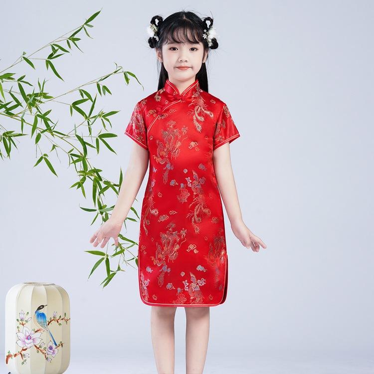 Chinese Style Girls Cheongsam Dress Brocade Summer Retro Button Stand Collar Stage Performance