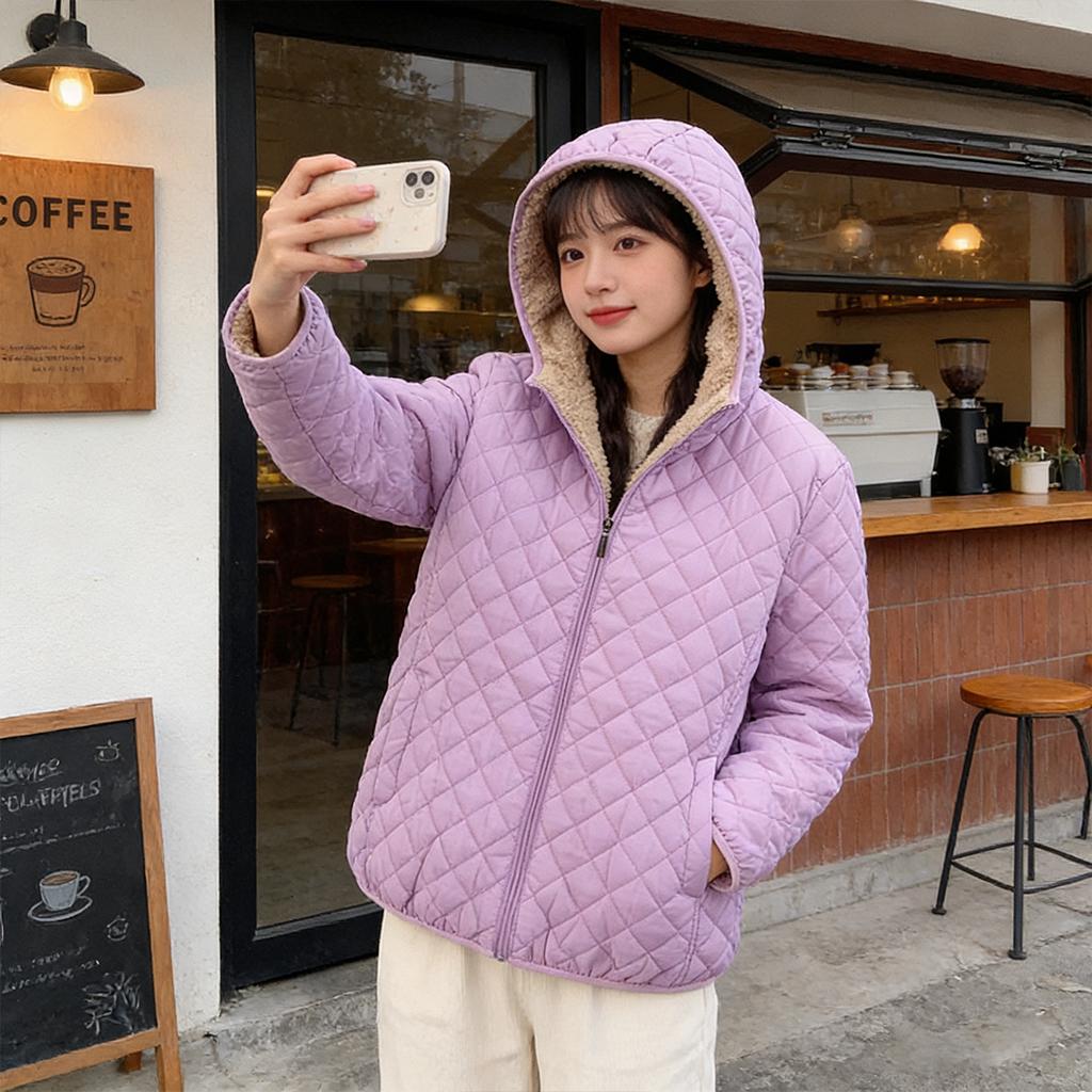 Fashion Solid Color Top Slim Coat Lamb Wool Hooded Close Thick Warm Cotton-padded Jacket Women's Plus-size Casual