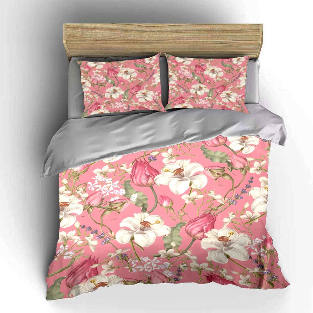 Blühende Blumen auf rosa Hintergrund Bettbezug-Set mit 3D-Druckdesign Weiches Polyester-Bettwäsche-Set Ganzjahreskomfort