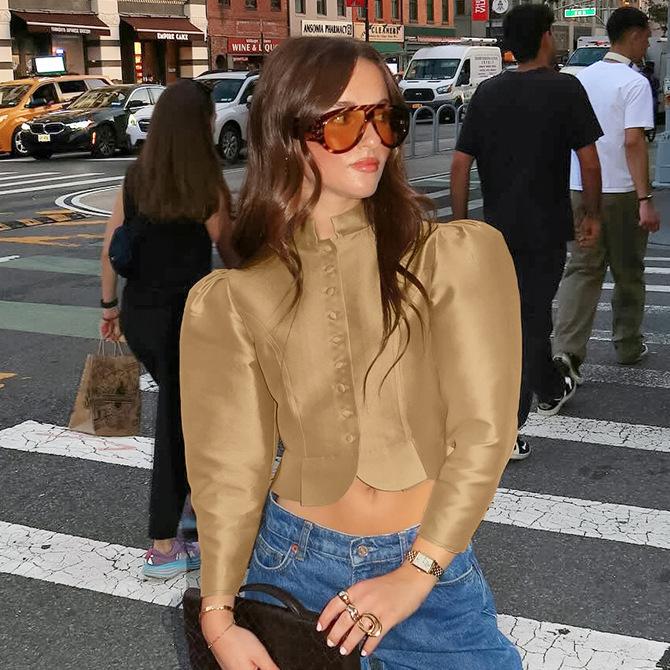 Women s Short Sleeve Puff Sleeve Stand Collar Short Crop Top Multi Colors S золотой