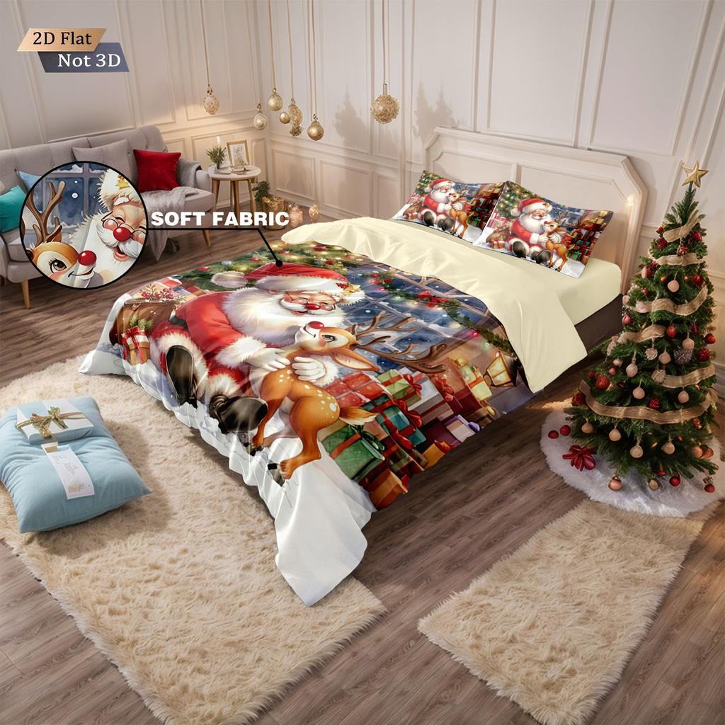 3pcs Cartoon Santa Claus Gift Printed Chipless Bedding Set Soft Dormitory Bedroom Multiple Sizes Machine Washable