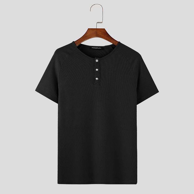 INCERUN Summer Men Short Sleeve Casual Texture Henley Tops T-shirts
