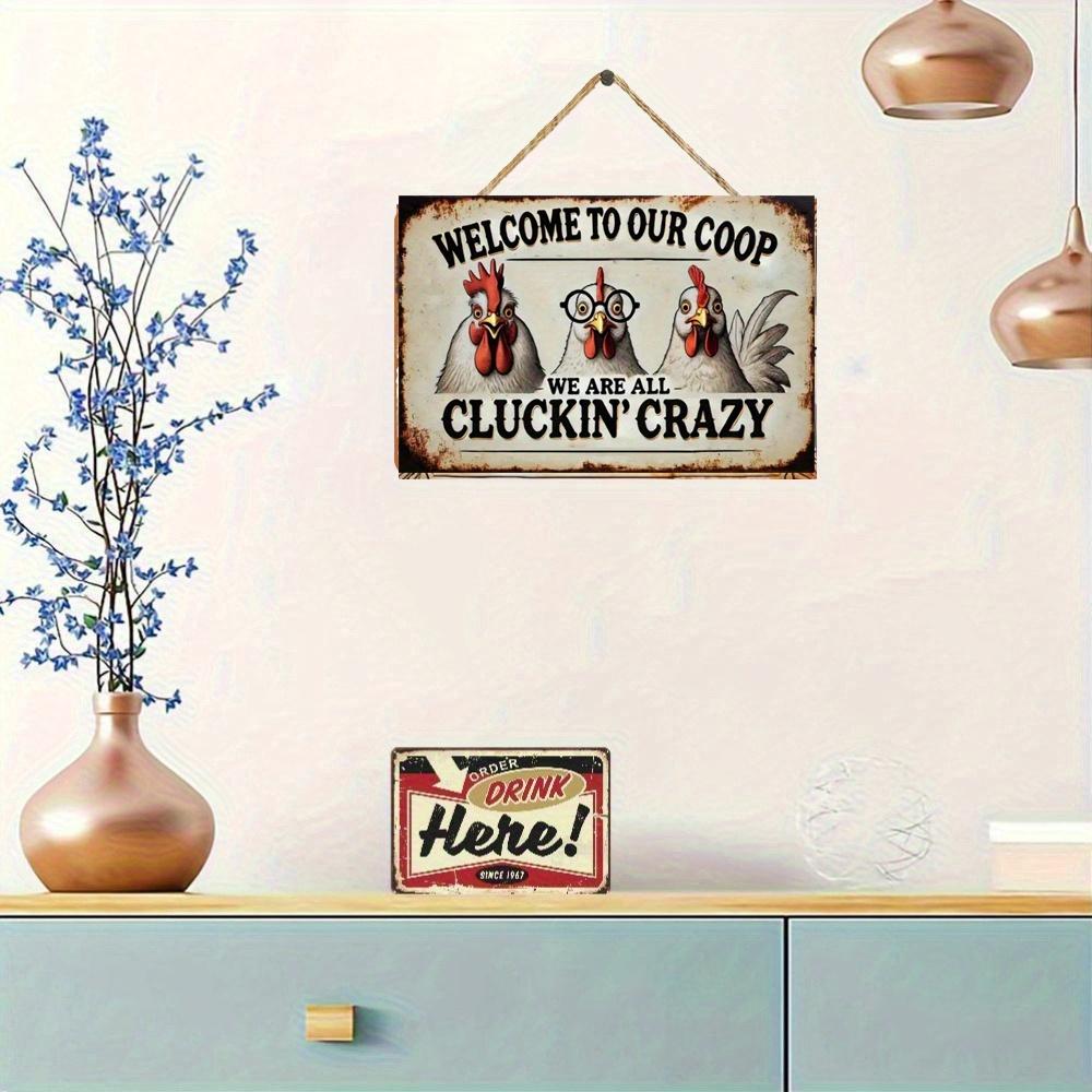 2D Flat 30*20cm Vintage 'We're All Crazy Like Chickens' Wooden Wall Sign Rustic Farmhouse Decor with Humorous Chicken Design | Perfect for Home, Bar