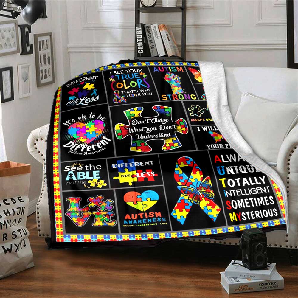 Autism Awareness Quotes Gift Blanket Ultra-Soft for Sofa Couch Office Bed Picnics Four Seasons Universal Digital Print Ideal Picnic Accessory Y47