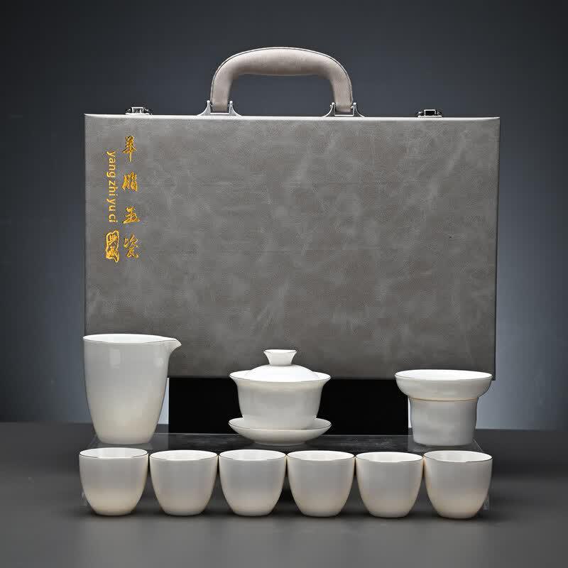 Ru Han Gilded Ceramic Tea Set with Leather Case