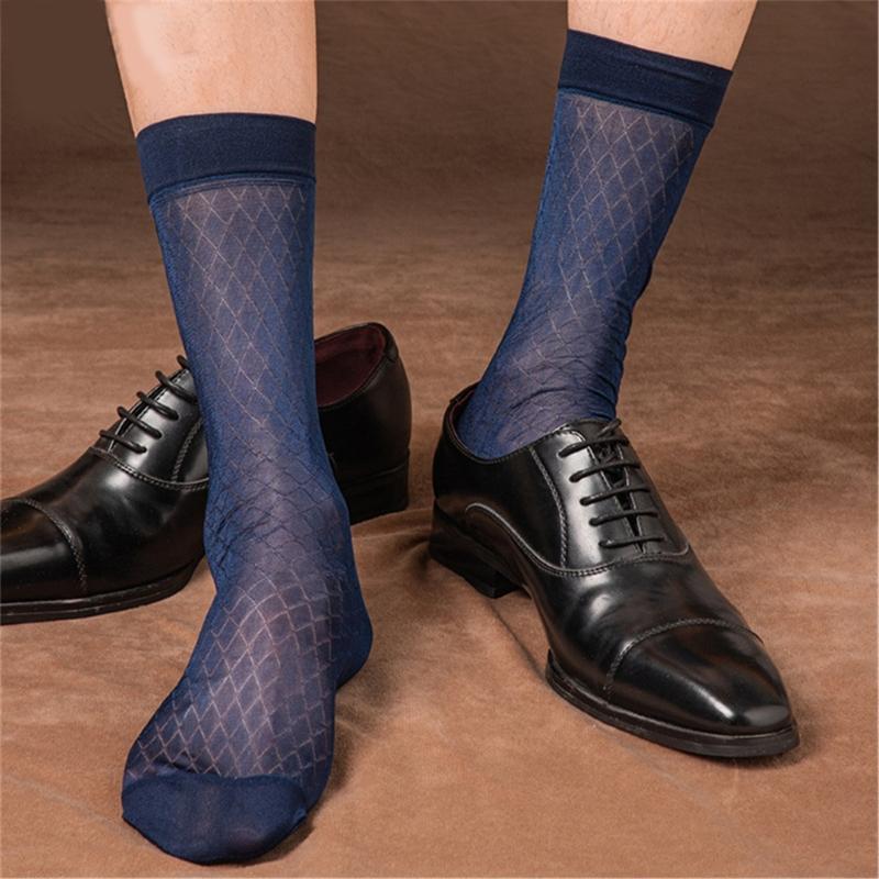 Elegant Mens Sheer Diamond Pattern Dress Socks See Through Nylon Business Formal Wear Thin Middle Tube Calf Length Socks