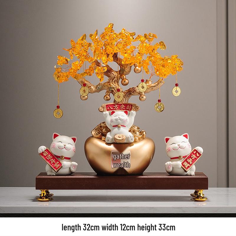 Fortune Cat Money Tree Figurine - Office, Shop, Reception & Housewarming Decoration