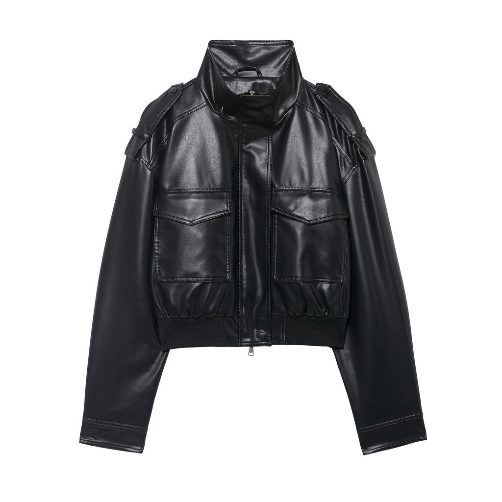 European and American Style, New Women's Clothing, Fashionable, Versatile, Cross-border Stand-up Collar Imitation Leather Strap Jacket