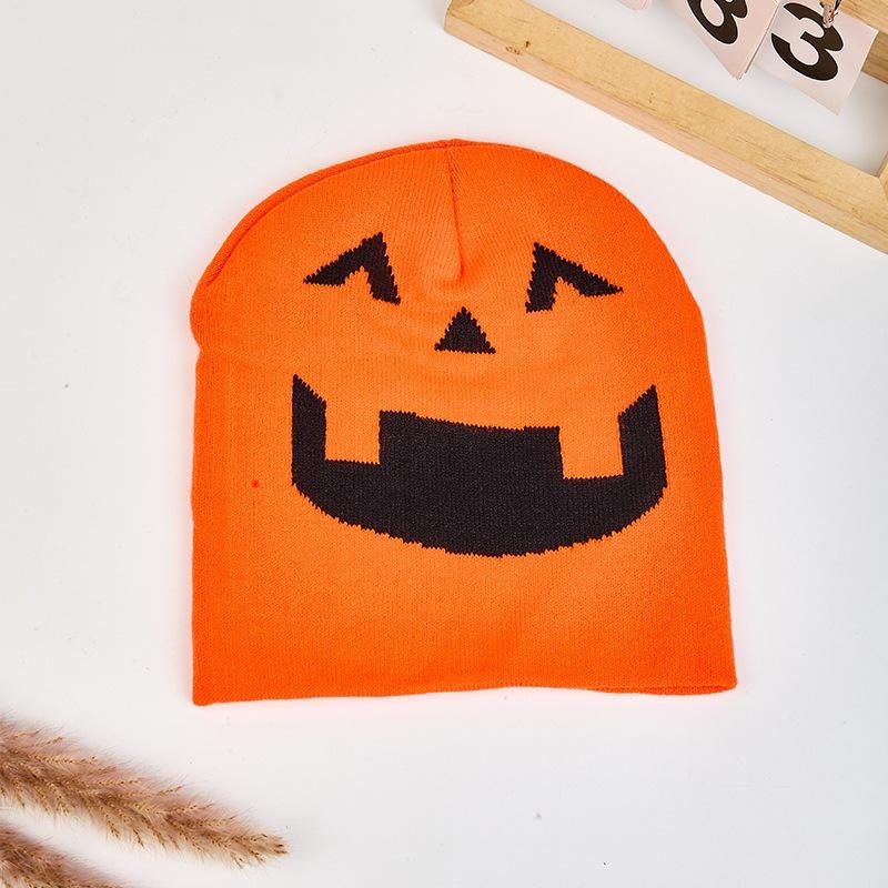 Devil Smiley Face Halloween Knit Hat with Ear Protection and Pumpkin Embroidery