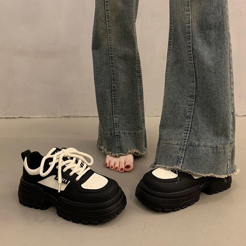 heightened thick baseplate shoes women's spring new muffin casual sports dad shoes lace-up versatile single shoes women's