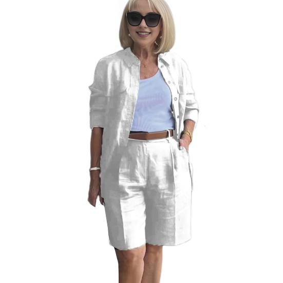 2 Pcs/Set Women Shirt Shorts Set Solid Color Long Sleeves Lapel Blouse