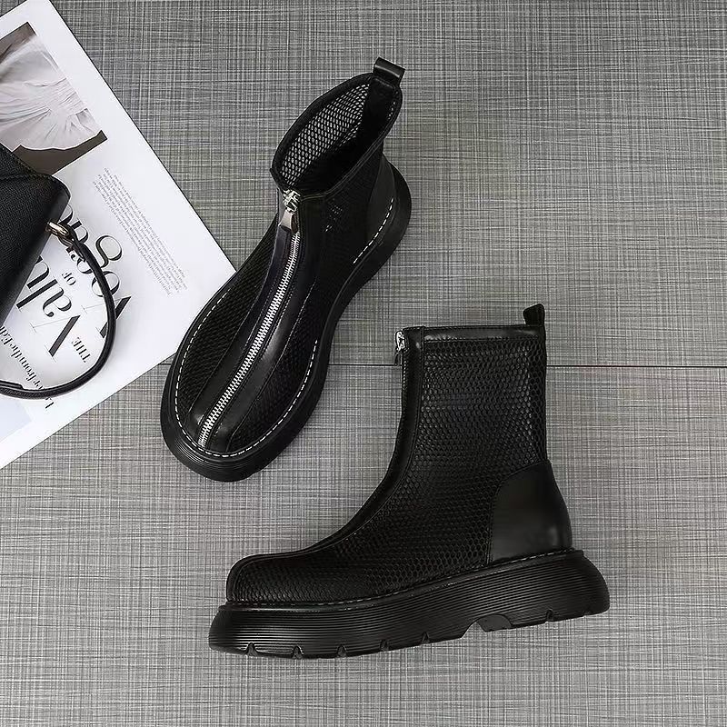 Women's Summer Thick Sole High Top Mesh Boots Block Heel Round Toe Hollow Out Lightweight Breathable Zipper Sandals Cool Boots