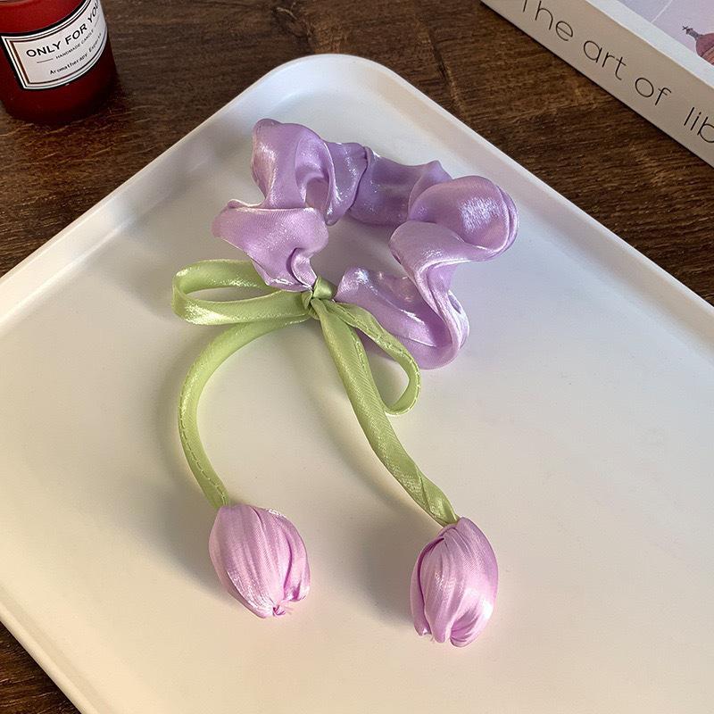 Chouchou d'été en satin et tulle à pois violets - Élastique à cheveux pour femme à haute élasticité