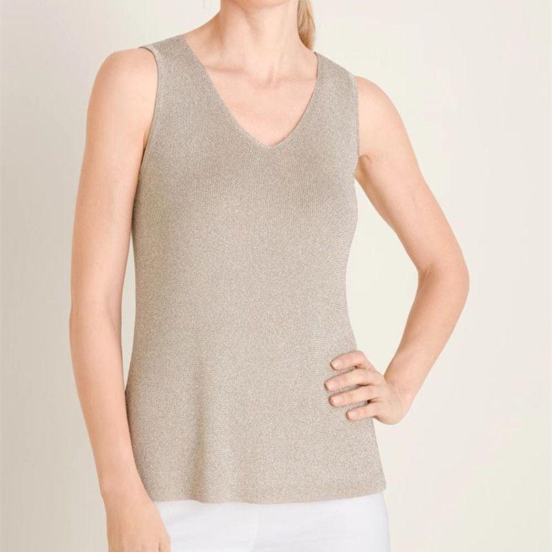 

European and American Single Summer Thin Stretch Ice Silk Vest Slimming V-Neckline Sleeveless Knitting Bottoming Shirt Plus Size Women s Top CAMEL 2