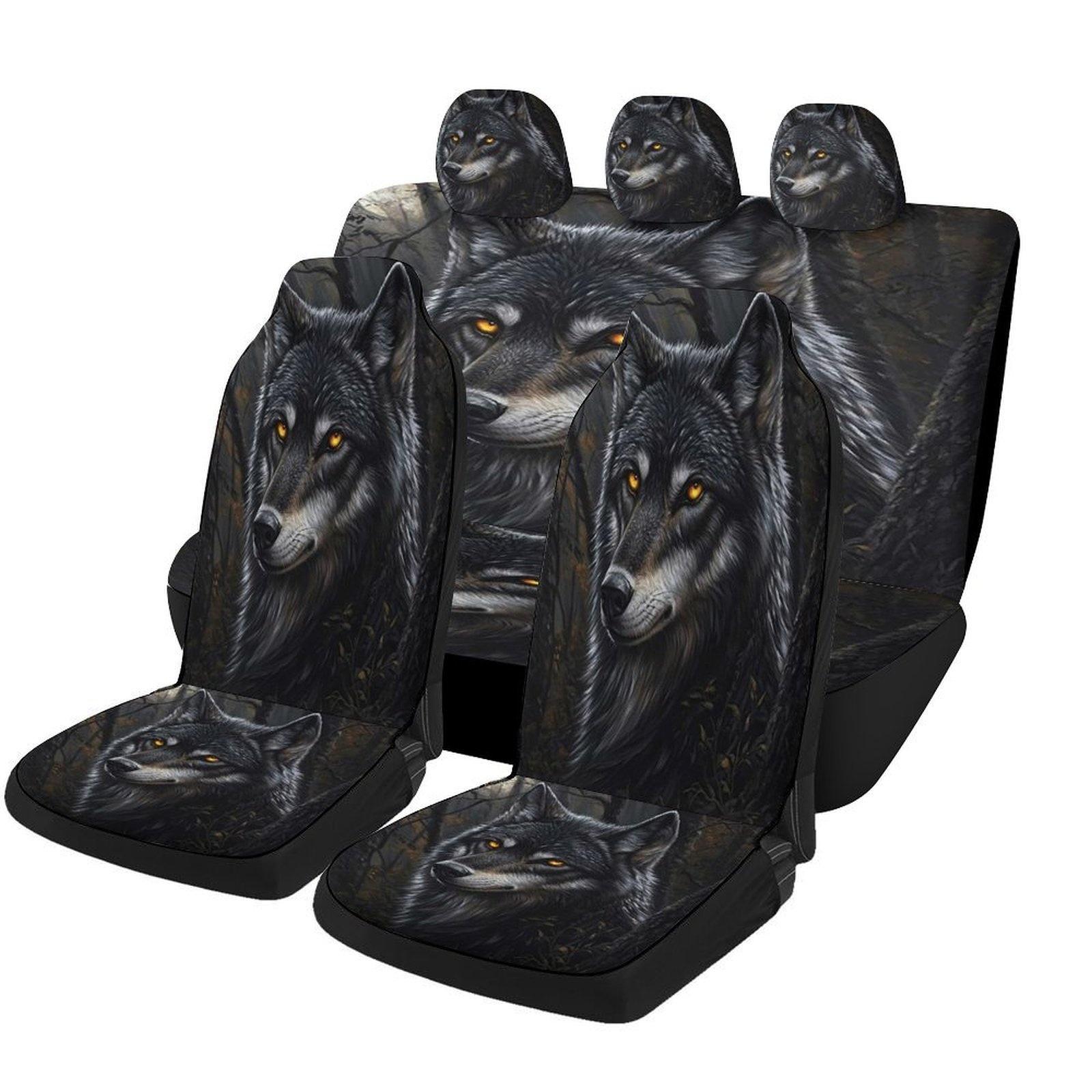 [Howling Wolf Illustration] Wolf In Moonlight Car Seat Cover Set - Stylish Black  Gray, Universal Fit, Machine Washable Polyest