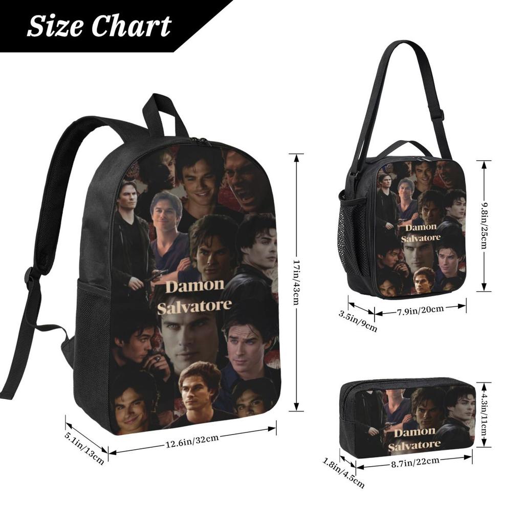 Damon Salvatore Kids Backpack Lunch Box Pen Bags for Boys Girls Preschool Backpacks Cute Schoolbag Bookbag Set