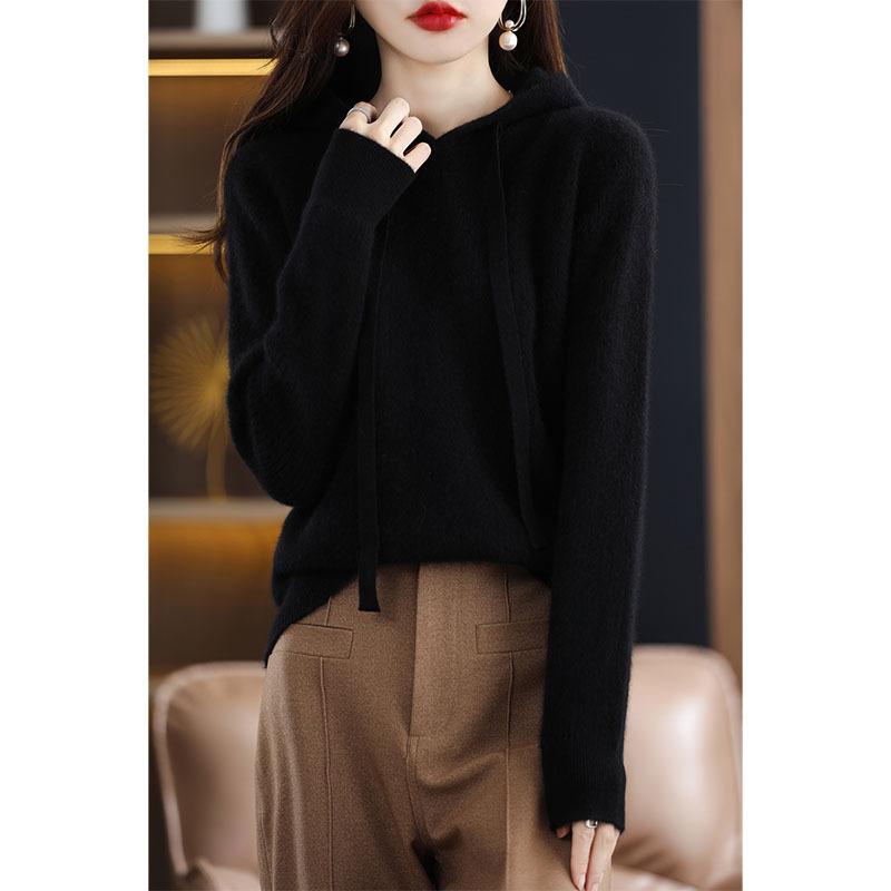 Women's 100% Cashmere Wool Hooded Sweater: Cozy Autumn/Winter Knitwear with Large Hood, Plus Size Options Available.