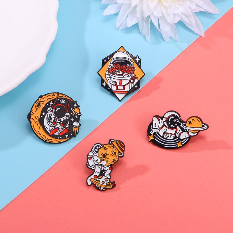 4 Styles Funny Design Spaceman Theme Enamel Brooches Space Astronaut Cosmonaut Moon Planet Lapel Pins