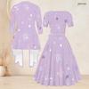 Women Plus Size Black Blue Printed Two Piece Set Square Neck Short Sleeve Tie Waist Flared Dress Long Sleeve Cardigan