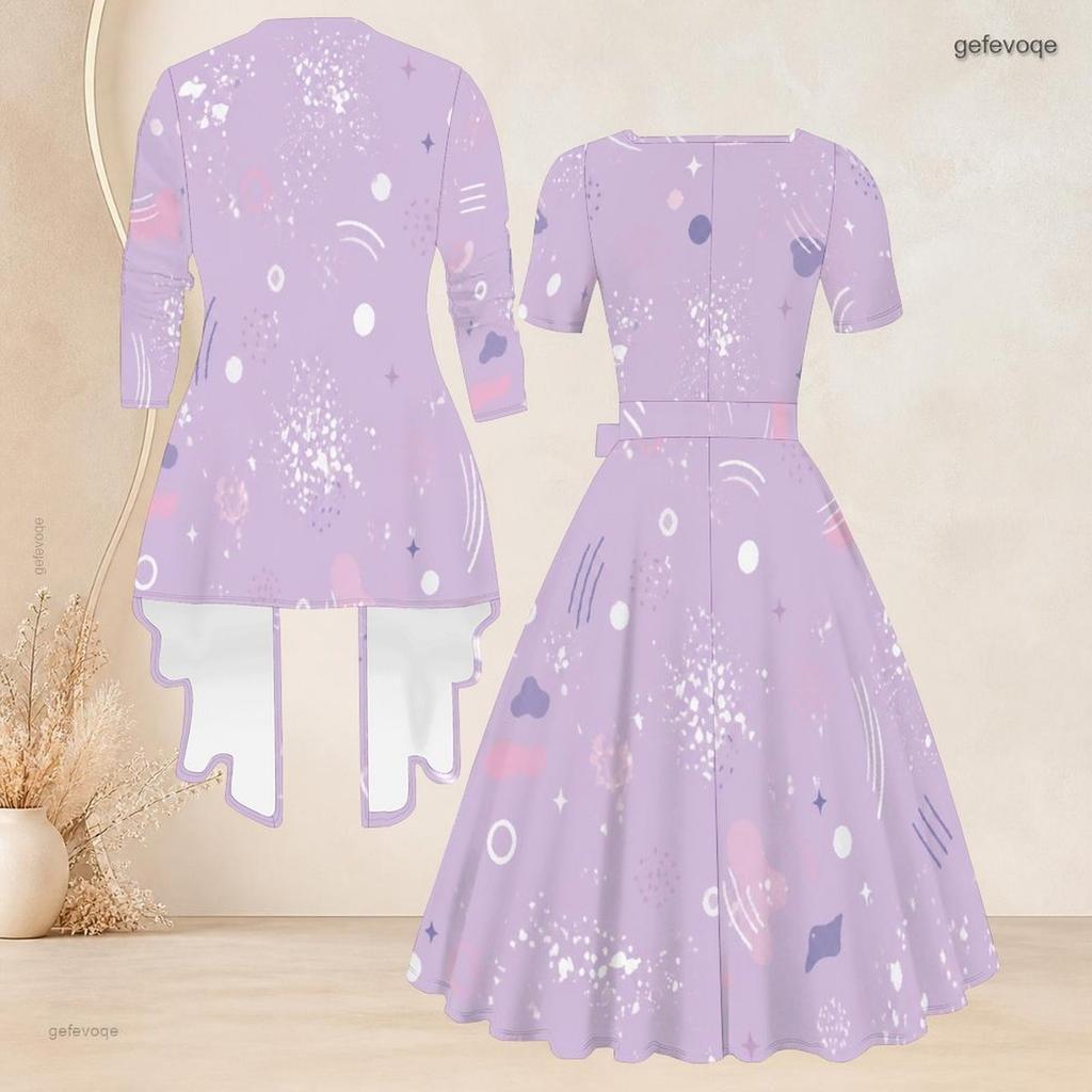 Women Plus Size Black Blue Printed Two Piece Set Square Neck Short Sleeve Tie Waist Flared Dress Long Sleeve Cardigan
