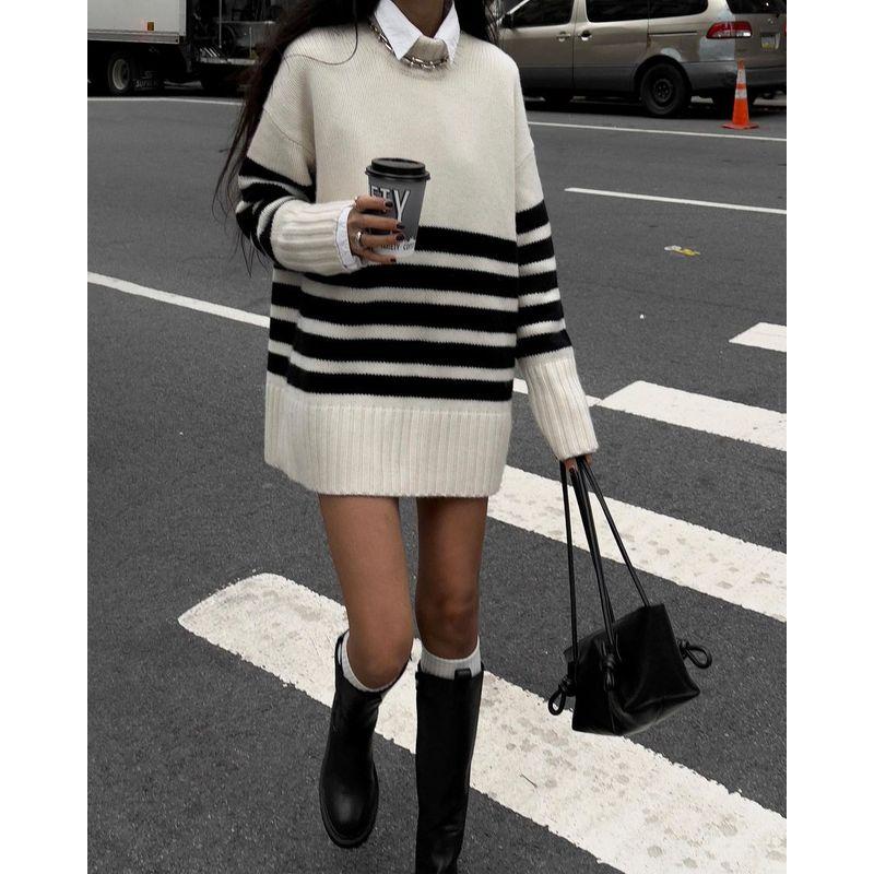 

Fashion Wind Knitting Sweater Sexy Niche Style Black and White Stripes Loose High Neck Inner Wear Natasha Knitwear Sweater Black and white stripes L