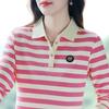 Cotton Fashion Casual Striped Slimming Top New Versatile POLO Temperament Lapel Thin Long Sleeved
