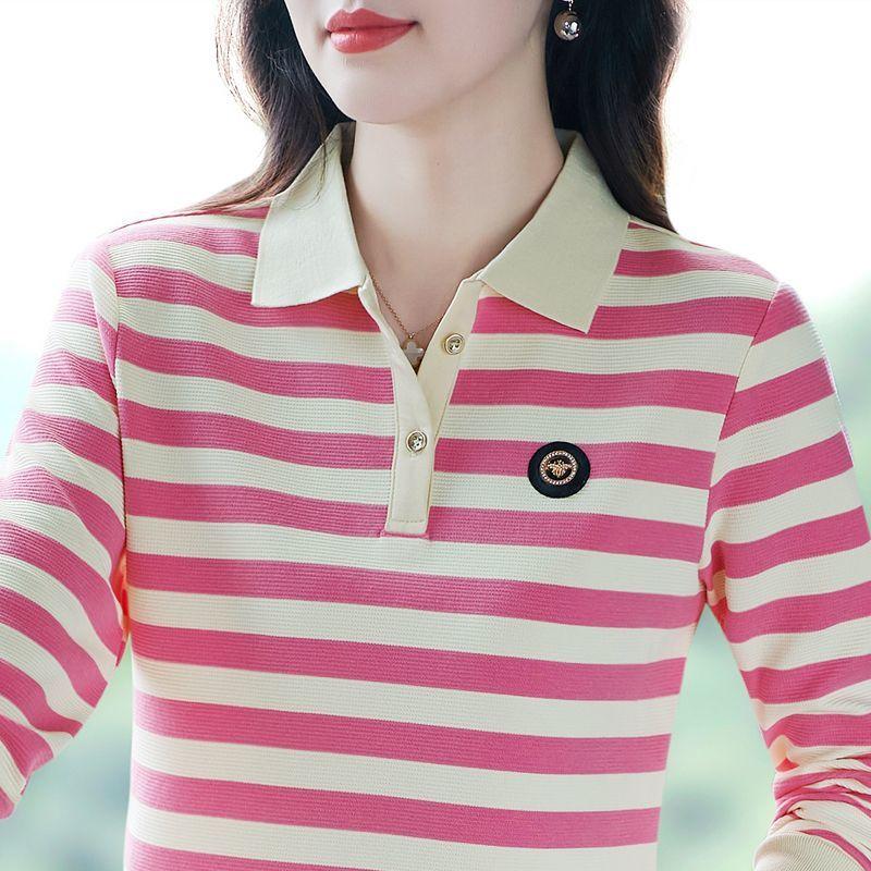 Cotton Fashion Casual Striped Slimming Top New Versatile POLO Temperament Lapel Thin Long Sleeved