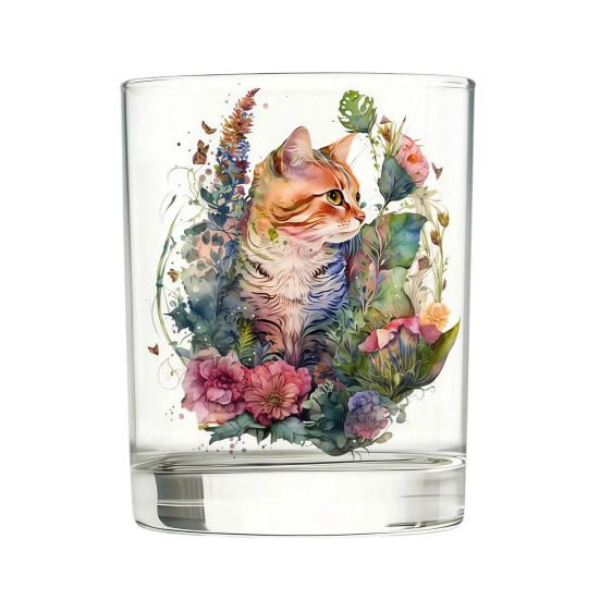 Cute Cat Floral Glass, Juice Coffee Cup, Milk Tea Glass Mug, Artistic Whiskey Coffee Mug for Home Bar, Gift for Cat Lovers