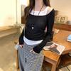 Small contrasting color fake two long-sleeved T-shirt women's spring ins waist pinch pleated undershirt thin short top