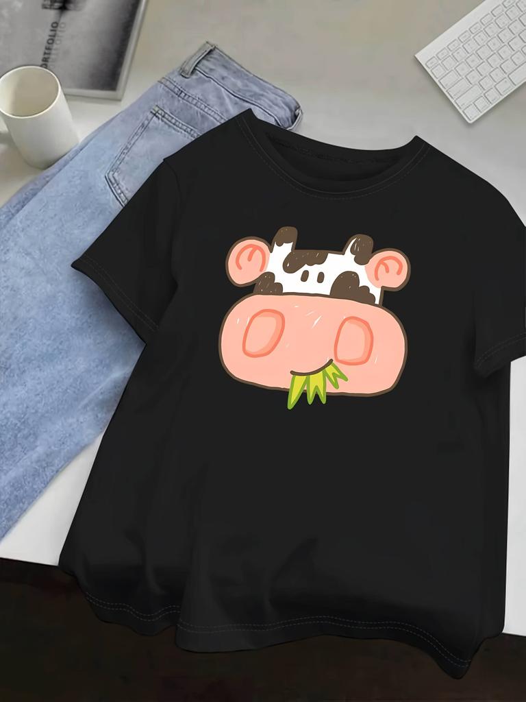 Adorable T-Shirt with a Cow Pattern for Women - This Soft, Short-Sleeved Top Has a Round Neck And Showcases a Charming Cartoon Cow Face Along with a B