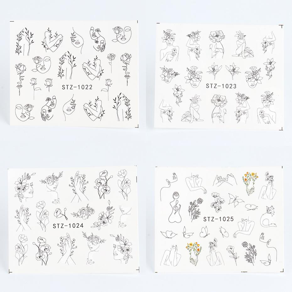 4 Sheet Nail Water Sticker DIY Black Abstract Face Image Nail Art Decoration Manicure Creative Designs Watermark Decals Tool