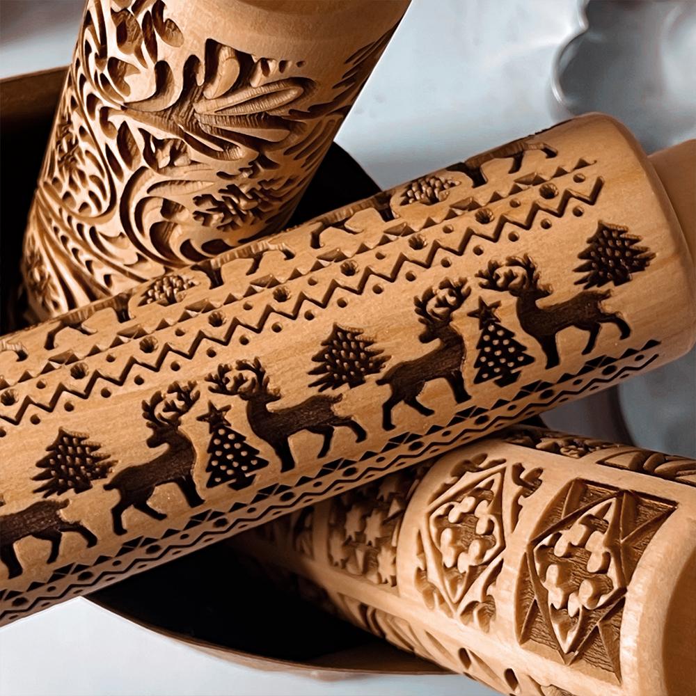 Wooden Christmas Rolling Pins Rock Snowflake Elk Embossing Baking Tool Cookies Biscuit Fondant Cake Patterned Roller Dropship