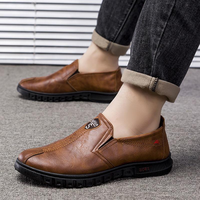 One-pedal leather shoes men's summer fashion casual platform low-top shoes medium green lazy shoes