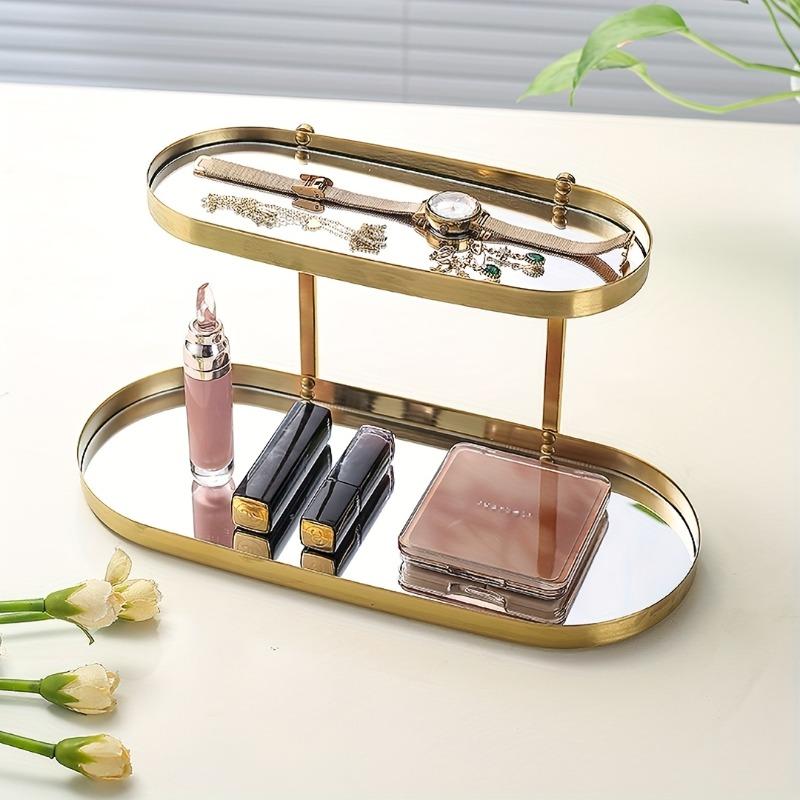 Mirror Double-Layer Jewelry Tray, Two-Tier Storage Rack for Cosmetics, Jewelry, And Watches, Made of Stainless Steel