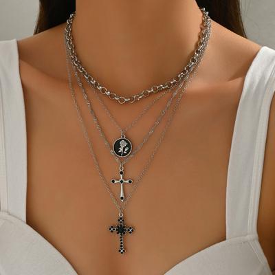 Women Cross Pendant Roses Minimalist Layered  Necklace Jewelry Vintage Accessories