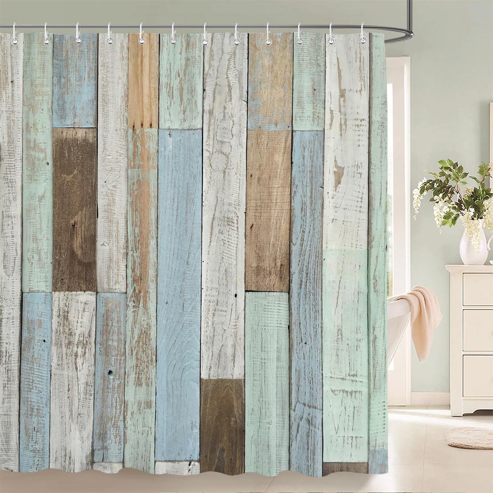 1Pcs Imitation Wood Grain Printed Fabric Waterproof Shower Curtain, Stripe Pattern Bathroom Decoration Curtain, With Hooks
