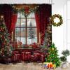 Red Christmas Shower Curtain Xmas Trees Gift Window Winter Forest Scenery New Year Home Wall Hanging Bathroom Decor With Hooks