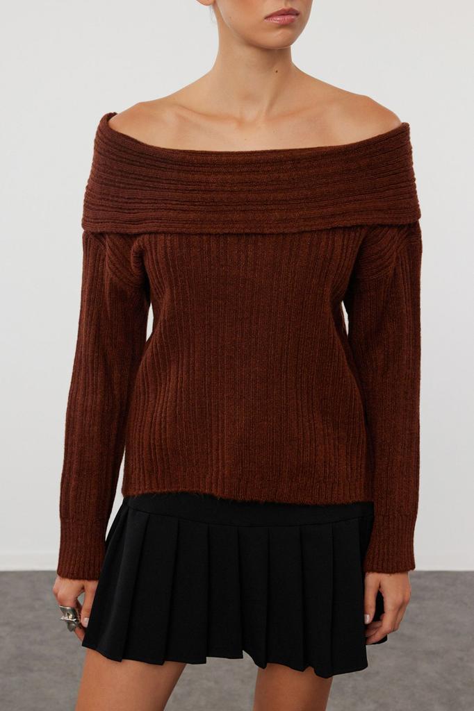 Women's Fashion Stylish Sweater Plum Soft Textured Carmen Collar Knitwear Sweater