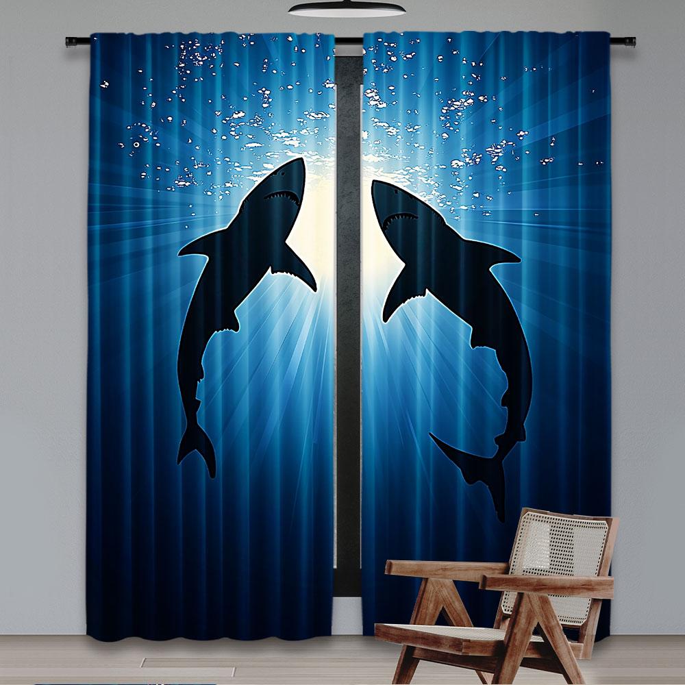 2Pcs Shark Curtains Silhouette Of The Fishes Swimming At Twilight Night Moon Mystic Sea Scenery Living Room Bedroom Window