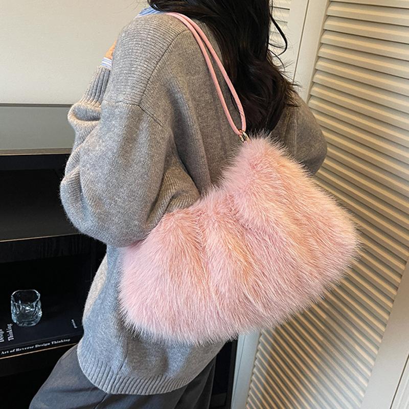 Women's Large Capacity Shoulder Bag Solid Color Plush Imitation Fur Handbag For Autumn And Winter Fashion