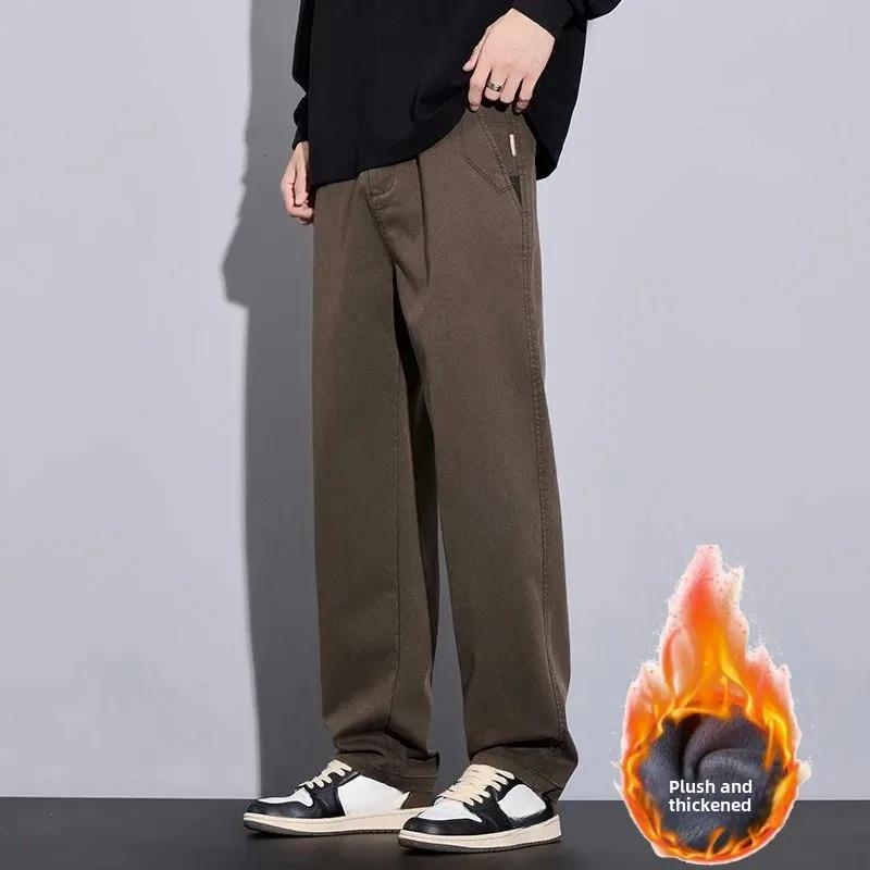 Autumn Winter Fleece-Lined Thickened Loose-Fit Straight-Leg Casual Pants Men's Fashionable Versatile Light Business Trousers Wid