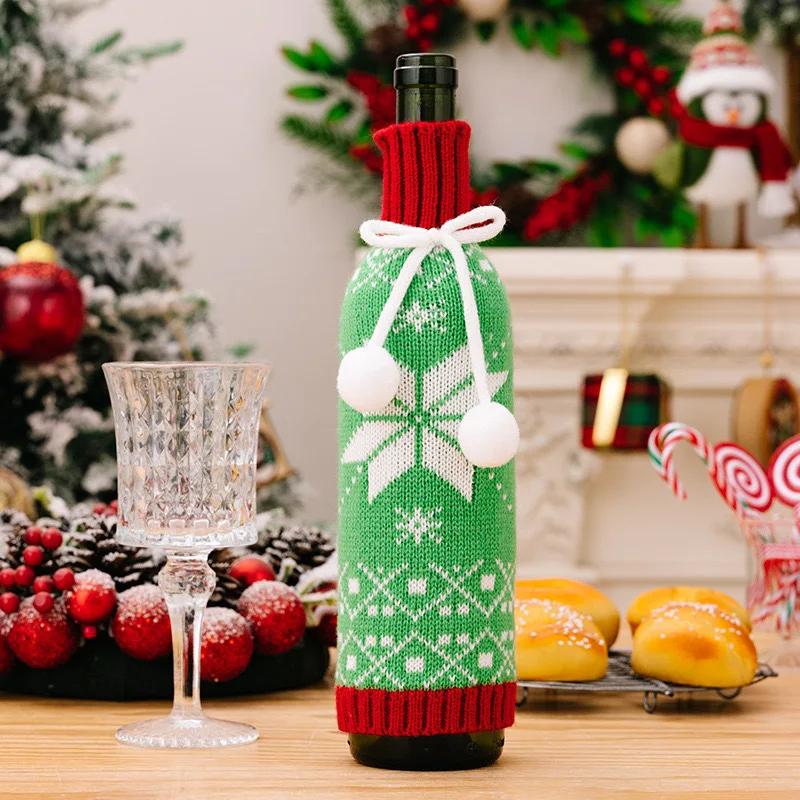 Christmas Wine Bottle Covers Cartoon Santa Snowman Knitted Red Wine Bottle Bags New Year Party Xmas Dinner Table Decor 1Pcs