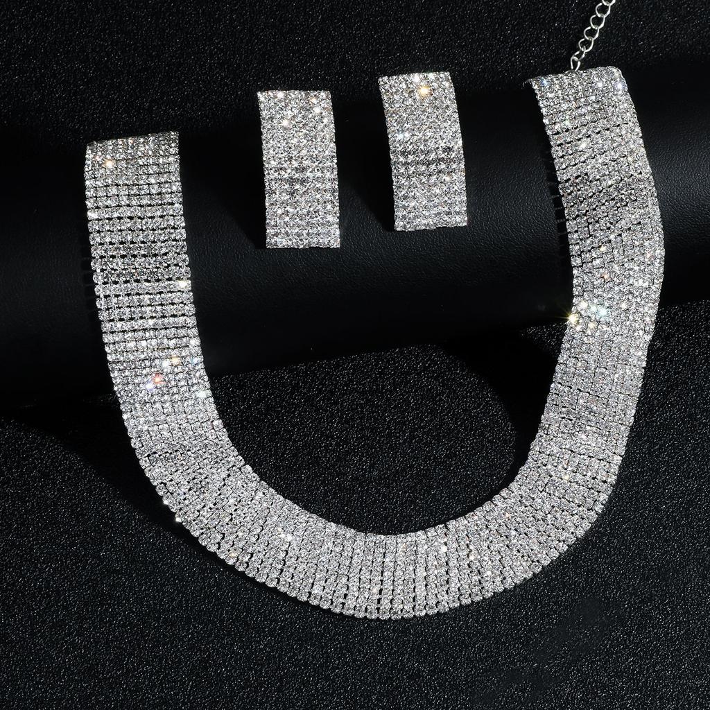 3pcs Women's Zircon Set Rhinestone Earrings Necklace New Wedding Party Luxury Fashion Accessories-4068