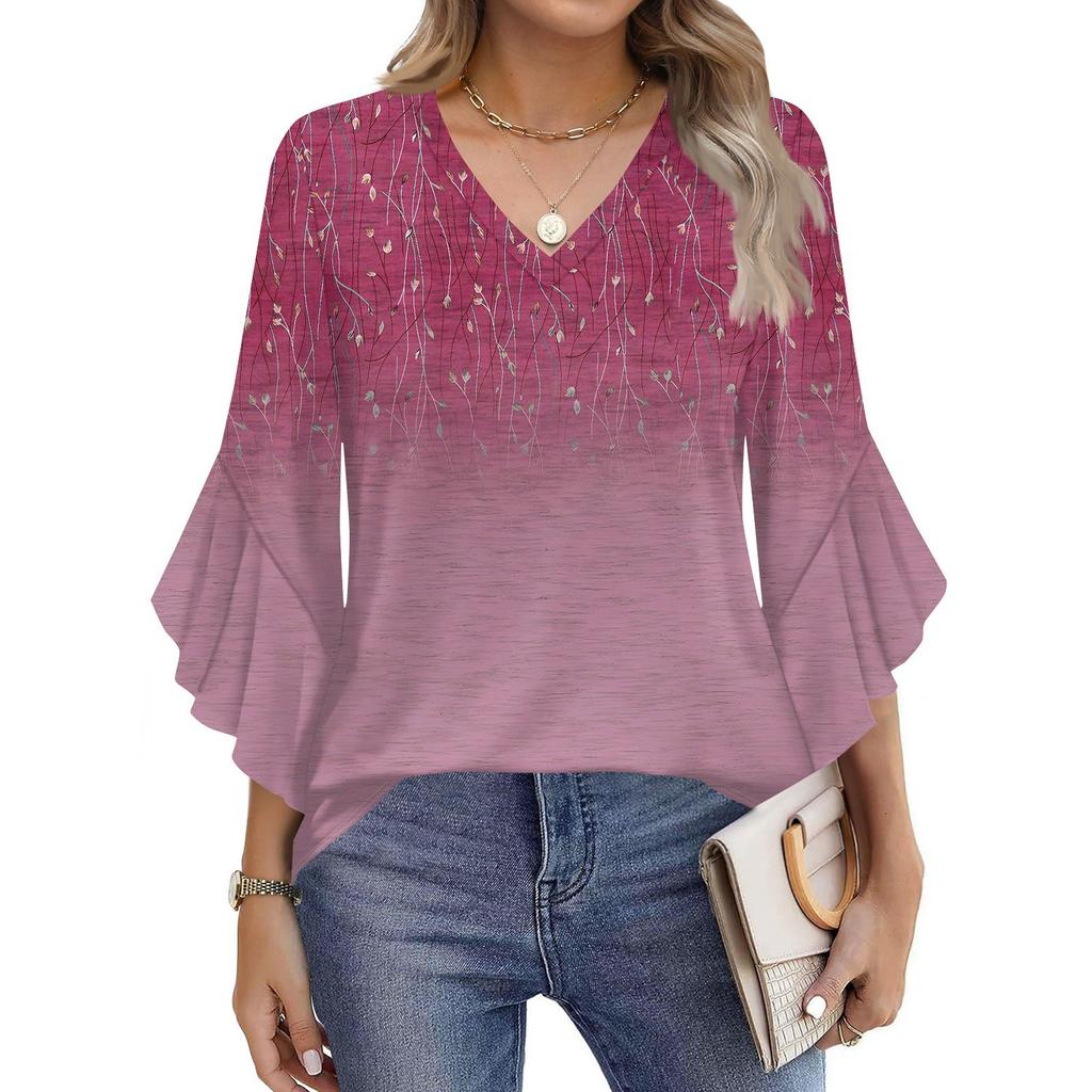 Women's Fashion Casual Seven-minute Sleeve Vintage Floral Print Top V-neck T-shirt Flared Sleeve Shirt