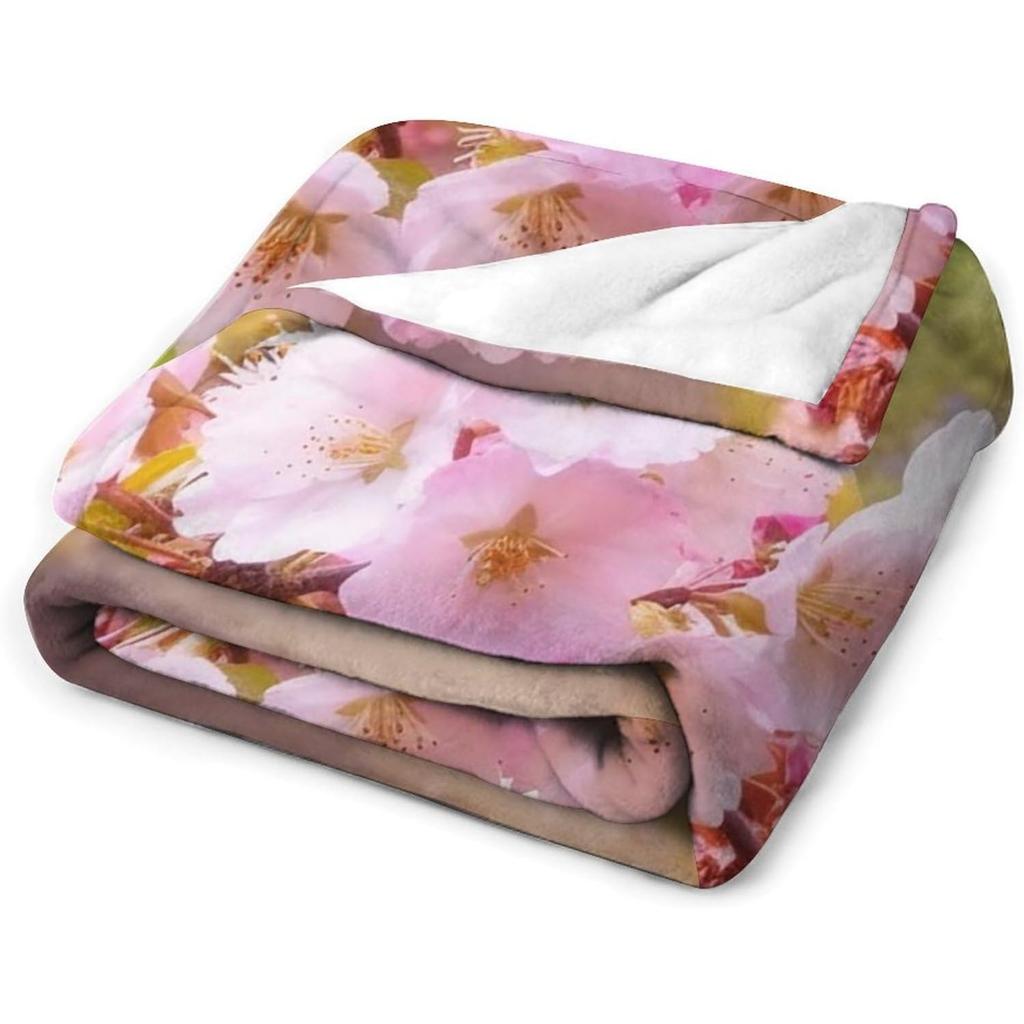 Pink Cherry Blossom Flower Flannel Throw Blanket Spring Floral Nature Print Soft Warm Blanket for Sofa Bedroom Home Decor Gift
