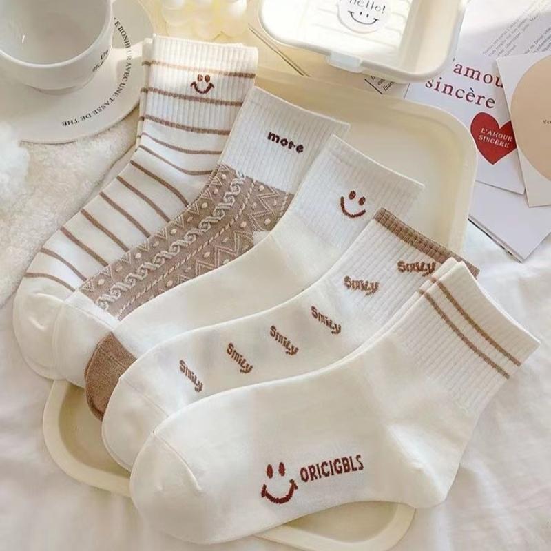 5 Paar süße Socken mit lächelndem Aufdruck, bequeme und weiche Sportsocken mit Rundhalsausschnitt, Damenstrümpfe und Strumpfwaren