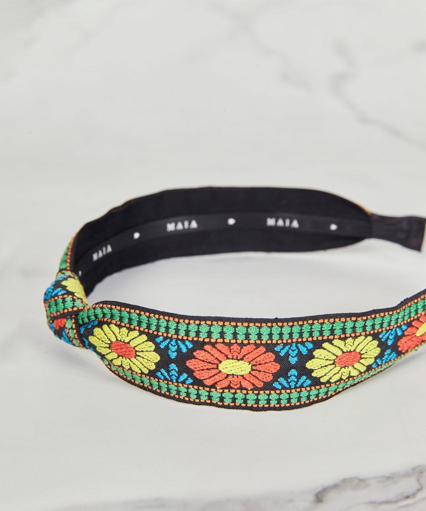 Maia Green Flower Jacquard Hairband - Knot Type Orange Green