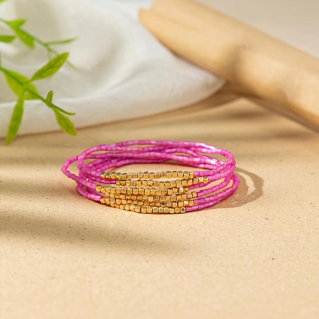 6 Stück/Set Bohemian Gestapeltes Perlenarmband Set Mehrfarbig Reiskorn Urlaubsstil Handketten Schmuck Kleines Geschenk Goldener Platz