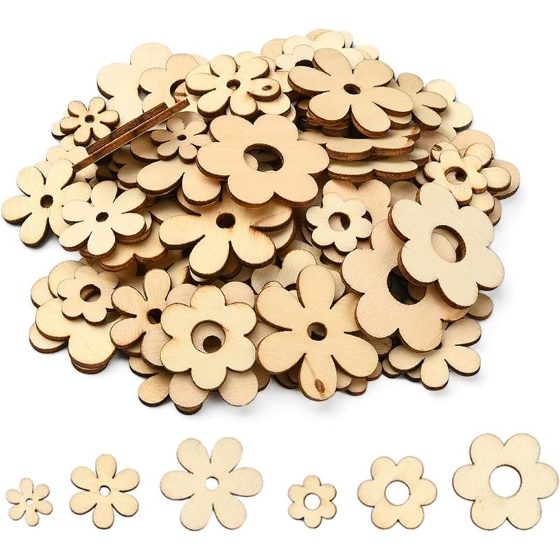 

50pcs Wooden Flowers Shape Blank Embellishments Wooden Flowers Ornaments with Hole for DIY Craft Wedding Christmas Decor 20MM30MM40MM MIX